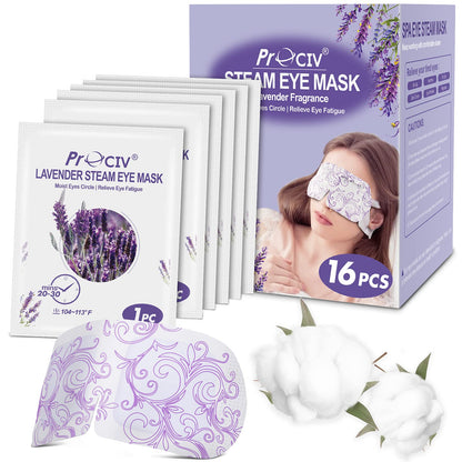 Box of 16 disposable self-heated steam eye masks for dry eyes and relaxing warm compress therapy.