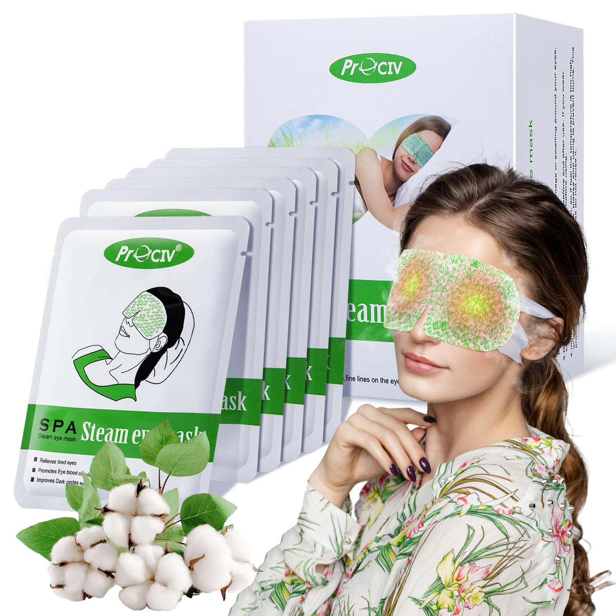 Box of 16 disposable steam eye masks for self-heating warm compress and relaxing eye fatigue relief.