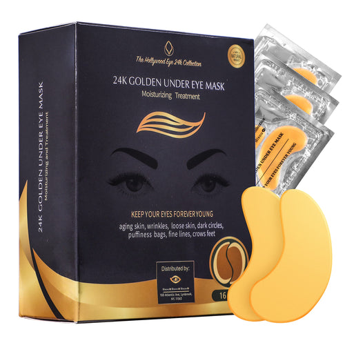 16 pairs of 24K gold hydrogel eye patches for treating dark circles, puffiness, and signs of fatigue.