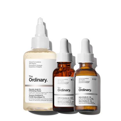 The Ordinary The Bright Set, 3-Step Regimen for Radiant, Even Skin Tone with Glycolic Acid 7% Exfoliating Toner, Alpha Arbutin 2% + HA, and Caffeine Solution 5% + EGCG - Skin Care Set