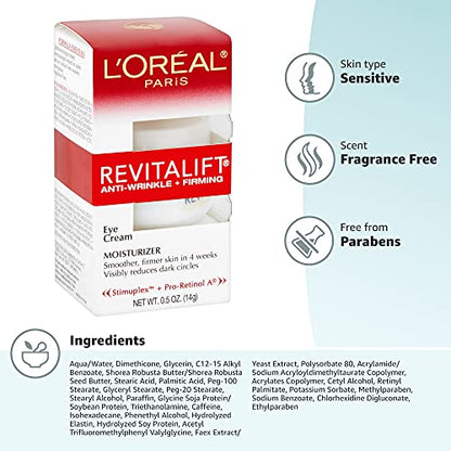 L'Oreal Paris Revitalift Anti-Wrinkle & Firming Eye Cream (0.5 oz) - Pro-Retinol Treatment for Dark Circles & Fragrance-Free Formula