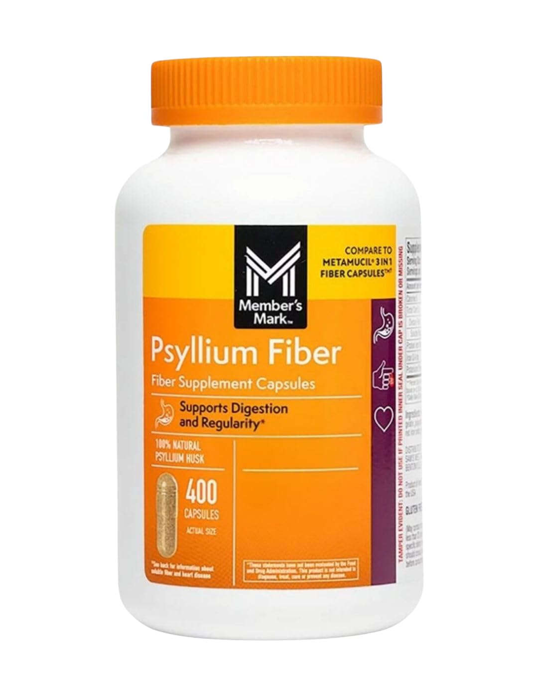Member's Mark 100% Natural Psyllium Husk Fiber Capsules, Digestive Health, 400 Count (Pack of 1)