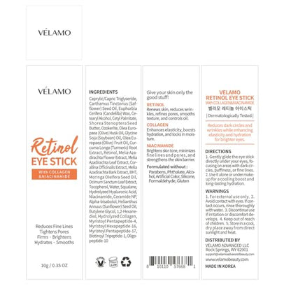 VELAMO ADVANCED Retinol Eye Stick (10g) - Korean Upgraded Formula with Collagen, Niacinamide & Peptides for Firming & Brightening