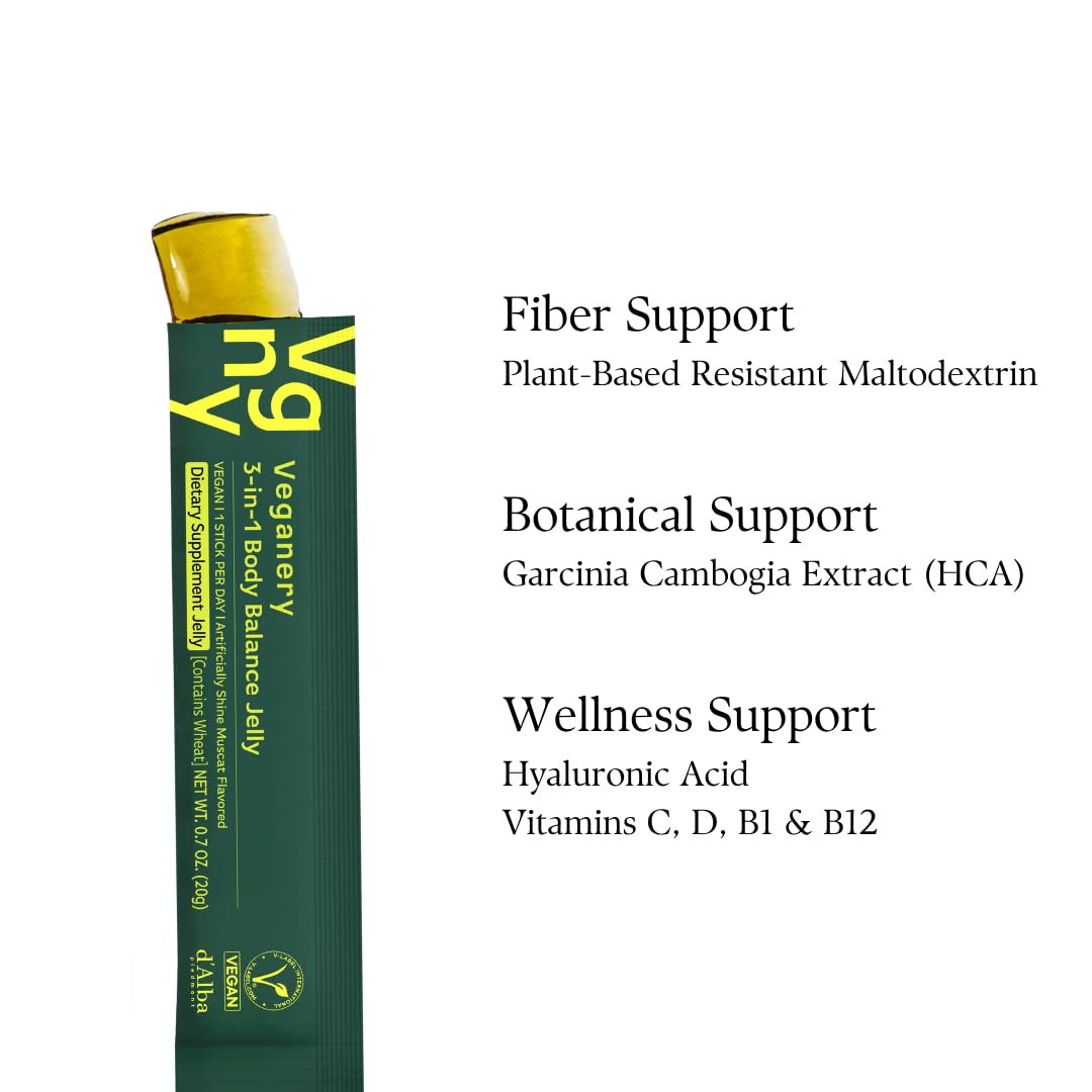 Veganery 3-in-1 Body Balance Jelly 14 Sticks - Vegan Garcinia Cambogia & Dietary Fiber Supplement, Zero Sugar, Supports Healthy Metabolism, Shine Muscat Flavor, Korean Wellness Supplement