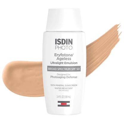 ISDIN Eryfotona Ageless SPF 50 (3.4 Fl Oz) - Tinted Mineral Sunscreen for Face with Zinc Oxide - Anti-Aging Sunscreen with DNA Repairsomes & Vitamin E - No White Cast, Dermatologist Recommended