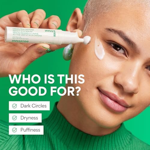 innisfree Green Tea Caffeine Depuffing Eye Serum (10ml) - Cooling Roll-On with Niacinamide for Brightening & Hydration