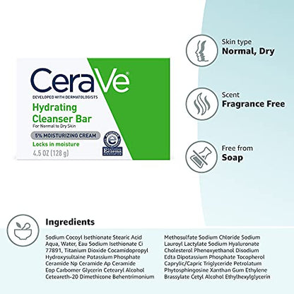 CeraVe Hydrating Cleanser Bar 4.5 oz Soap-Free Face & Body Cleanser