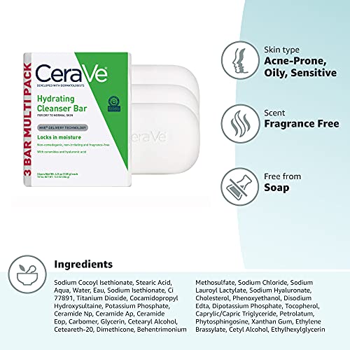 CeraVe Hydrating Cleanser Bar 3-Pack 4.5 oz Each Soap-Free Face & Body Cleanser