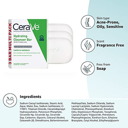 CeraVe Hydrating Cleanser Bar 3-Pack 4.5 oz Each Soap-Free Face & Body Cleanser