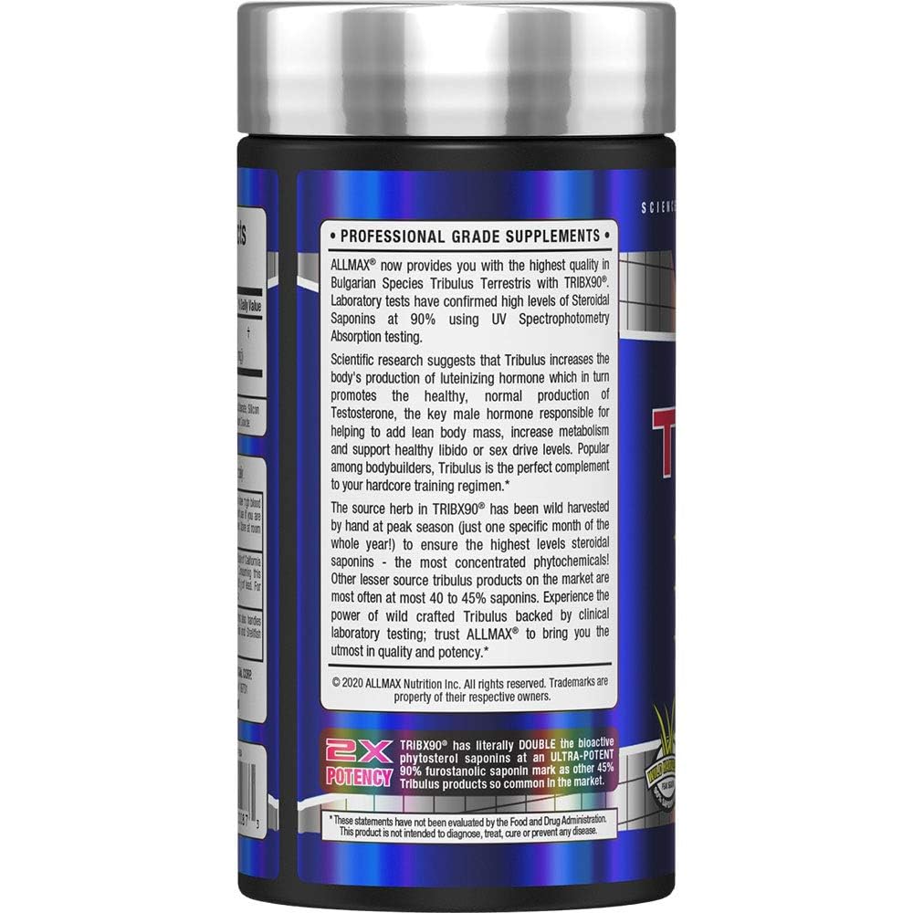 Tribulus Terrestris Testosterone Booster for Men - High Potency 90% Saponins Muscle, Strength & Performance Support - ALLMAX TRIBX90 (90 Capsules)