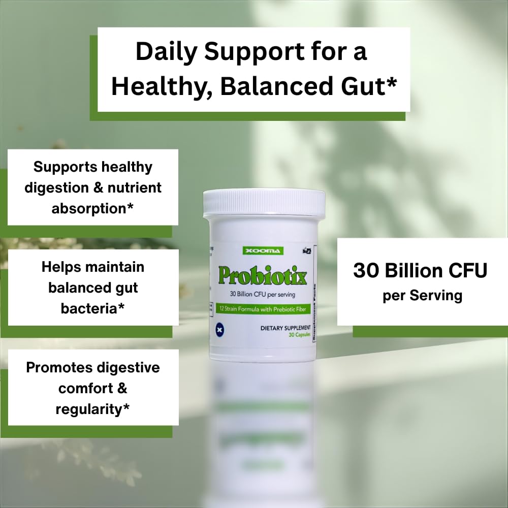 Xooma Probiotix 12-Strain Probiotic + Prebiotic Fiber, 30B CFU - No Refrigeration Required - Gut & Digestive Health, Immune Support, Bloating Relief - Gluten, Soy & Dairy Free - 30 Capsules