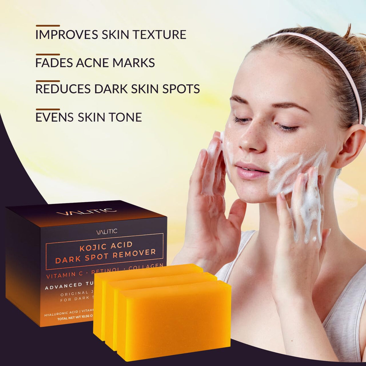 VALITIC Kojic Acid Cleansing Soap Bars with Vitamin C & Turmeric, Hydrating Formula 3 Pack