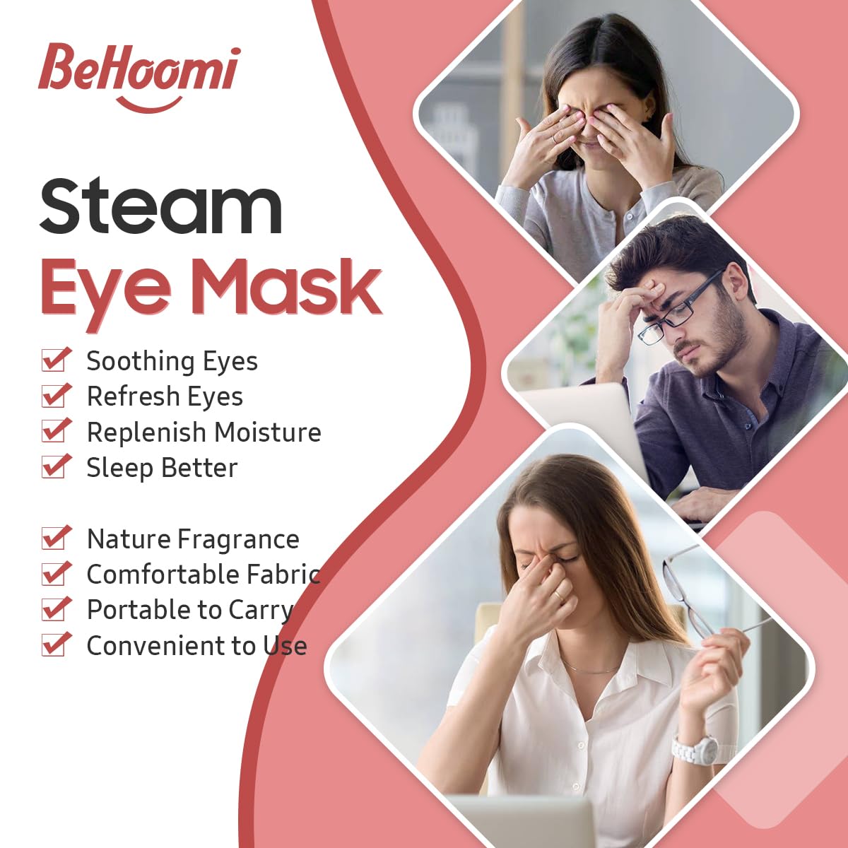 BeHoomi Self Heating Steam Eye Mask - Rose Scented Warm Compress Heated Eye Mask for Sleep, Spa & Relaxation (20 Pack)
