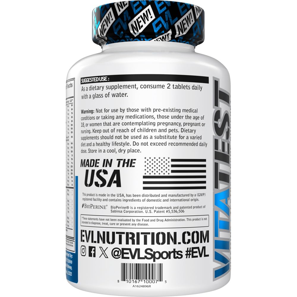 Evlution Nutrition VitaTest - Vitamin & Testosterone Support for Men - Daily Nutrient Complex for Energy, Bone, Eye & Immune Health (90 Tablets, 45 Servings)