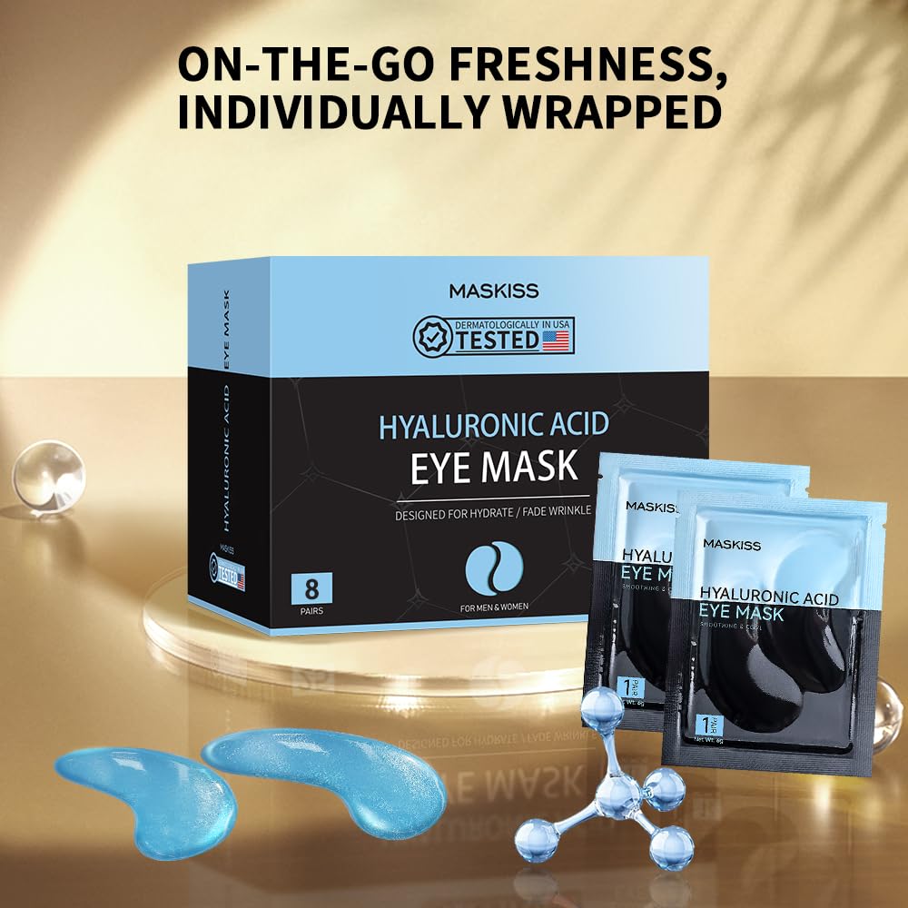 Maskiss Hyaluronic Acid Under Eye Patches (8 Pairs) - Mini Sampler Pack Collagen Eye Mask for Dark Circles & Hydration