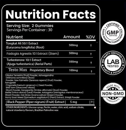 MACRO VITAL Testosterone Booster Gummies for Men - Energy, Libido & Muscle Support - Turkesterone, Tongkat Ali, Maca, Tribulus