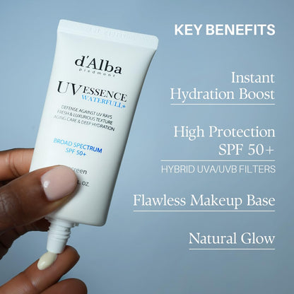 d'alba Piedmont Italian White Truffle Waterfull Essence Sunscreen, Vegan Skincare, Lightweight Sunscreen with BROAD SPECTRUM SPF 50+, Glowy, Safe for all Skin Types, Korean Skin Care (1.69 fl. oz)