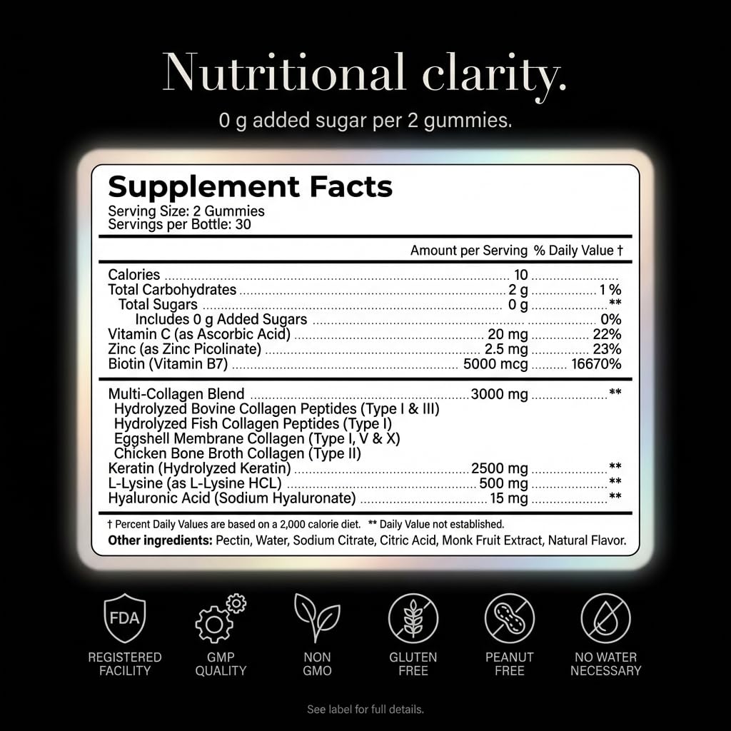 Collagen Peptides Gummies Sugar Free 3000mg Multi Collagen Blend for Hair Skin & Nails Support + 2500mg Keratin + 5000mcg Biotin, Hyaluronic Acid, Vitamin C & Zinc, 60 Gummies (Packaging May Vary)