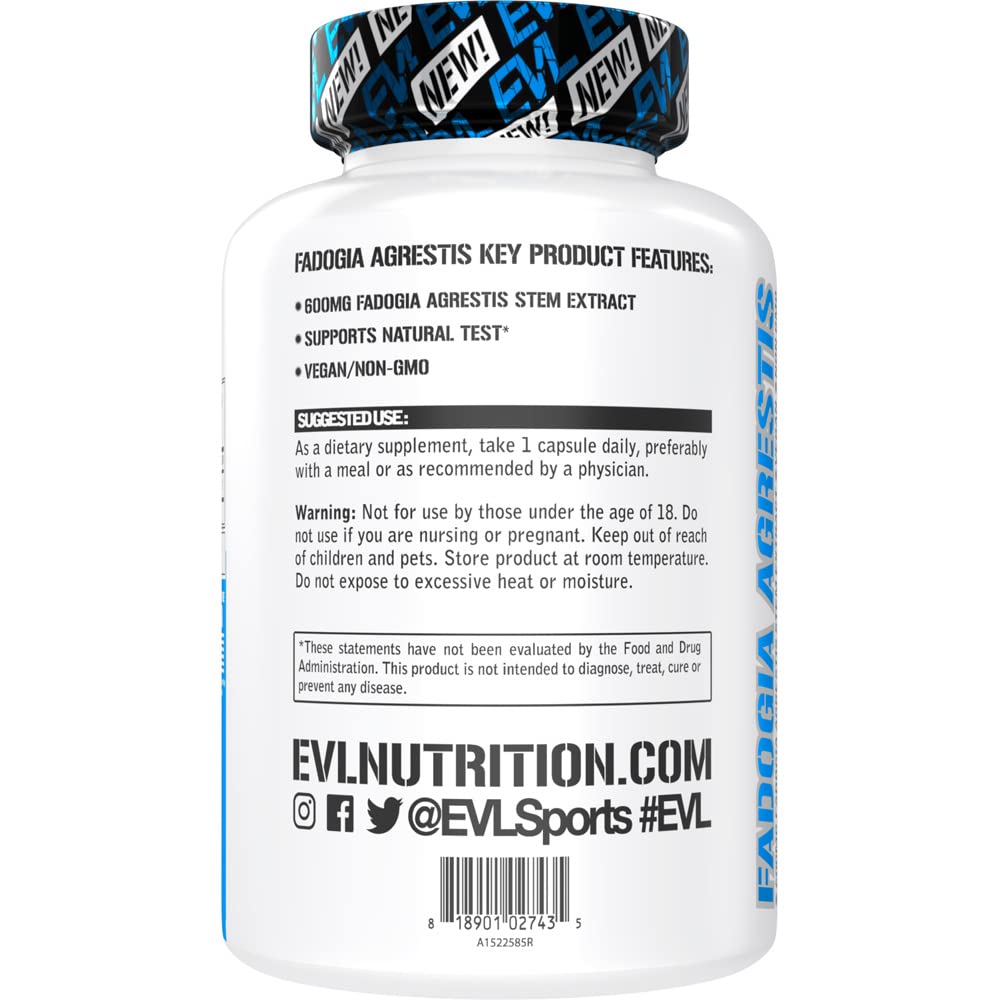 Evlution Fadogia Agrestis 600mg 10:1 Extract - Men's Testosterone Support & Performance Booster - 60 Capsules