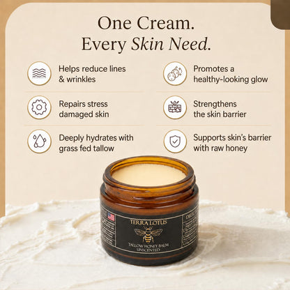 Terra Lotus - Organic Grass-Fed Beef Tallow Balm with Raw Honey - Moisturizing Cream for Soft, Smooth Skin - Handmade All-Natural Moisturizer (2 Oz, Lavender)