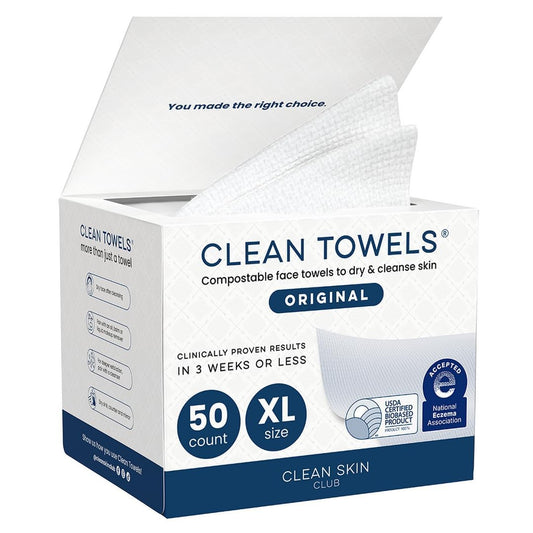 Clean Skin Club Clean Towels XL, 100% USDA Biobased Face Towel, Disposable Face Towelette, Eczema Association Accepted, Makeup Remover Dry Wipes, Ultra Soft, 1 Pack, 50 Ct