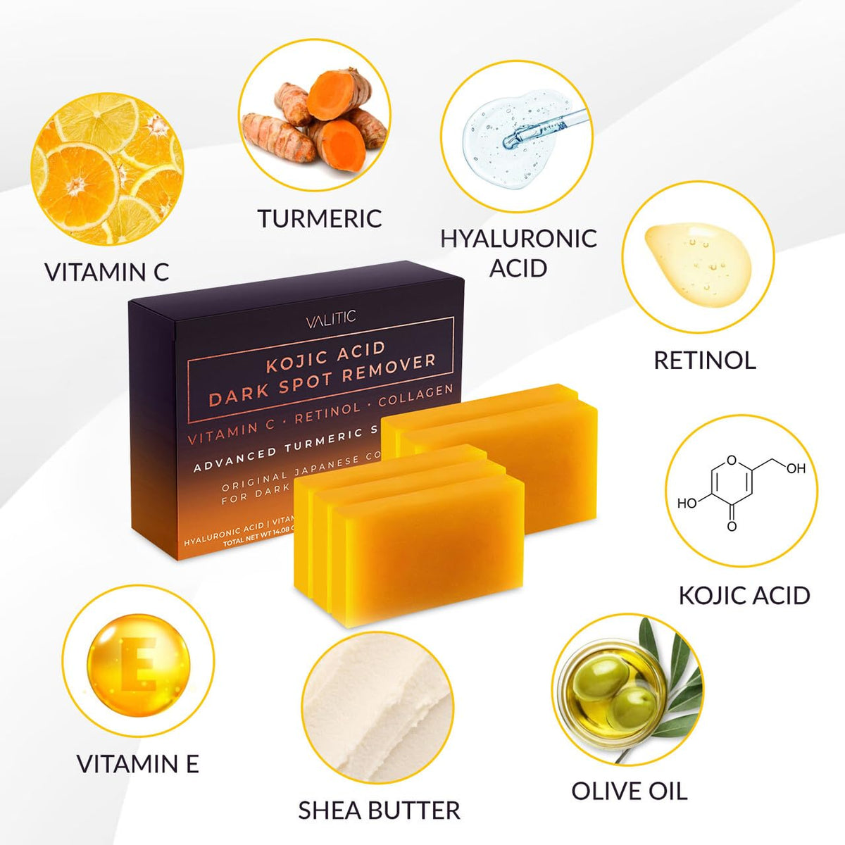 VALITIC Kojic Acid Cleansing Soap Bars with Vitamin C & Turmeric, Hydrating Formula 5 Pack