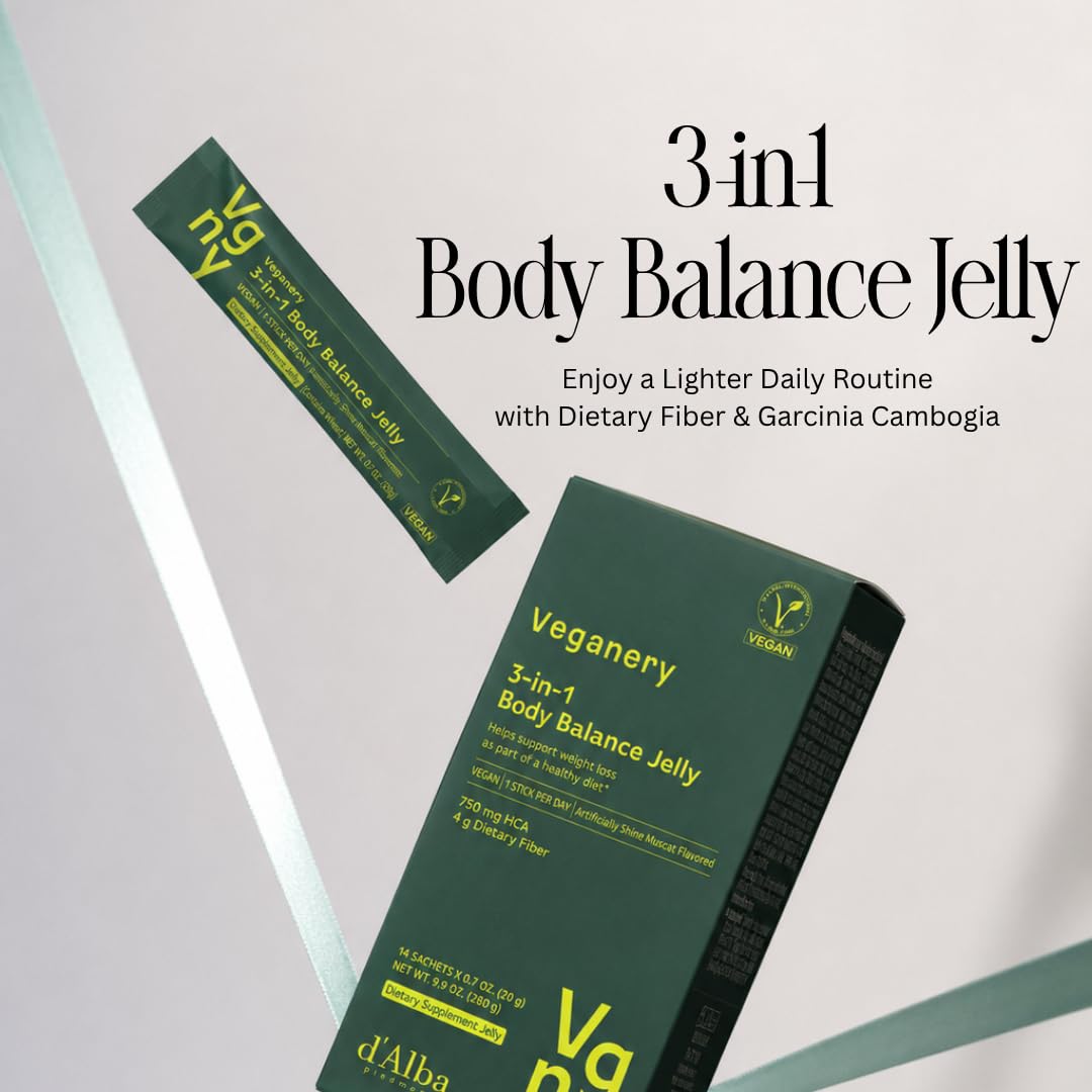 Veganery 3-in-1 Body Balance Jelly 14 Sticks - Vegan Garcinia Cambogia & Dietary Fiber Supplement, Zero Sugar, Supports Healthy Metabolism, Shine Muscat Flavor, Korean Wellness Supplement