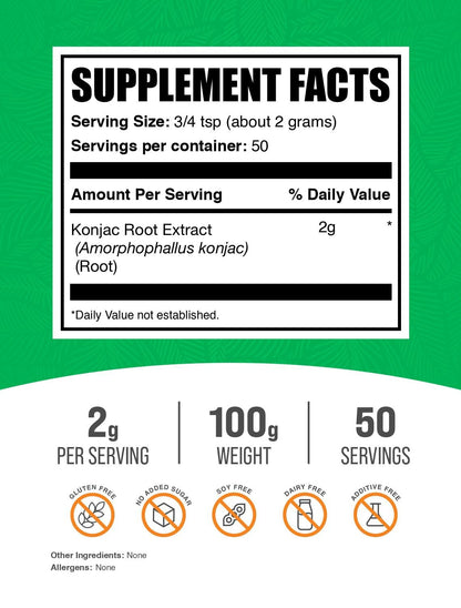 BulkSupplements.com Glucomannan Powder - from Konjac Root Extract, Fiber Supplement - Gluten Free, 2g per Serving, 100g (3.5 oz) (Pack of 1)