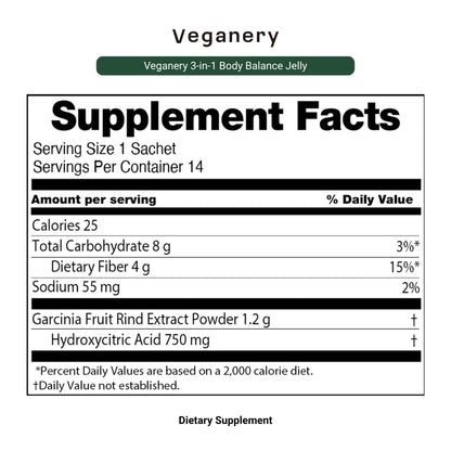 Veganery 3-in-1 Body Balance Jelly 14 Sticks - Vegan Garcinia Cambogia & Dietary Fiber Supplement, Zero Sugar, Supports Healthy Metabolism, Shine Muscat Flavor, Korean Wellness Supplement