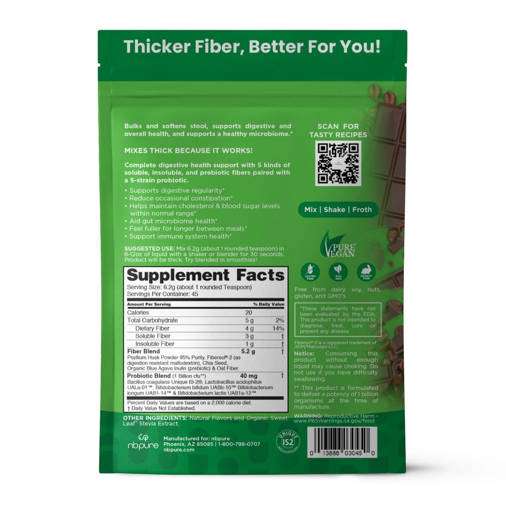 nbpure Daily Fiber Powder Blend for Digestive Health, Cholesterol Support, Healthy Weight Management - with Prebiotic, Insoluble, Soluble Fiber + 4 Probiotic Strains, Savory Mocha, Gusset, 45 Servings