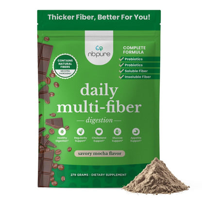 nbpure Daily Fiber Powder Blend for Digestive Health, Cholesterol Support, Healthy Weight Management - with Prebiotic, Insoluble, Soluble Fiber + 4 Probiotic Strains, Savory Mocha, Gusset, 45 Servings