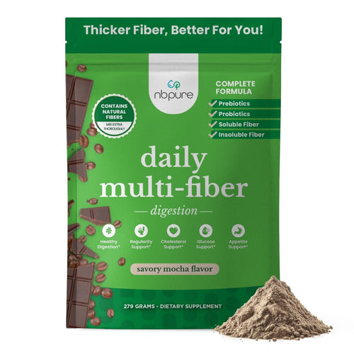 nbpure Daily Fiber Powder Blend for Digestive Health, Cholesterol Support, Healthy Weight Management - with Prebiotic, Insoluble, Soluble Fiber + 4 Probiotic Strains, Savory Mocha, Gusset, 45 Servings