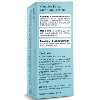 Caffeine Eye Cream for Dark Circles & Puffiness (15ml) - Anti-Aging Brightener with Niacinamide, Squalane & Peptide Complex - Cooling Zinc Roller Applicator