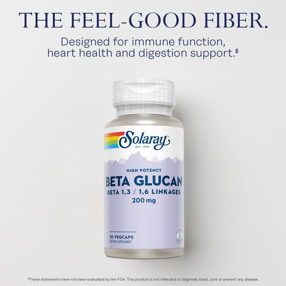 SOLARAY Beta Glucan Supplements - Immune Support - Heart and Digestive Support with Beta Glucan Fiber from Baker's Yeast - High Potency, 60-Day Guarantee - 30 Servings, 30 VegCaps