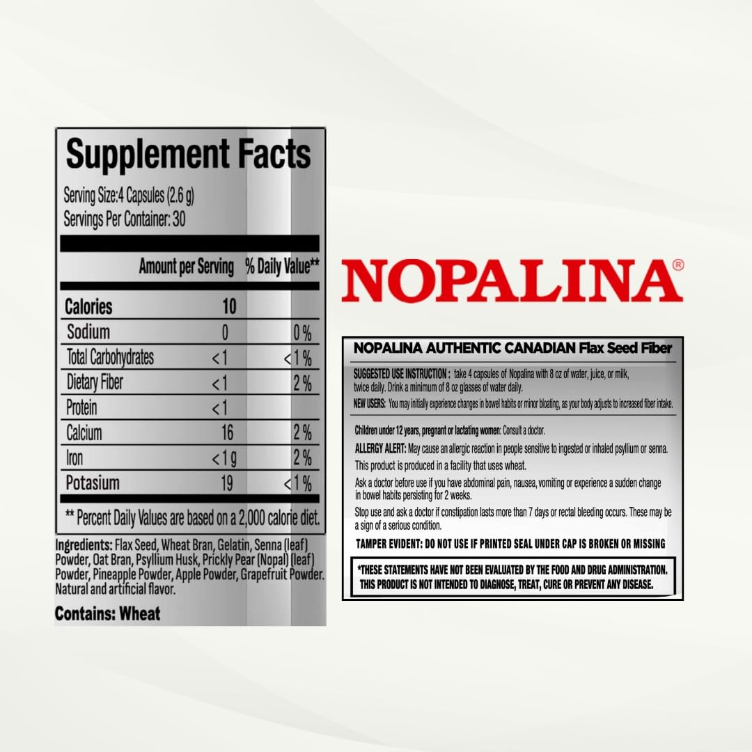 Nopalina Fiber Formula - 120 Capsules - Flax Seed, Psyllium, Oat and Wheat Bran, Omega 3, 6 & 9 - Gut Health & Regularity - The Original