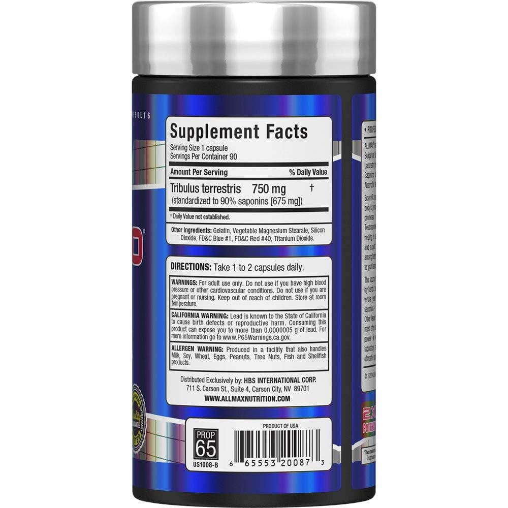 Tribulus Terrestris Testosterone Booster for Men - High Potency 90% Saponins Muscle, Strength & Performance Support - ALLMAX TRIBX90 (90 Capsules)