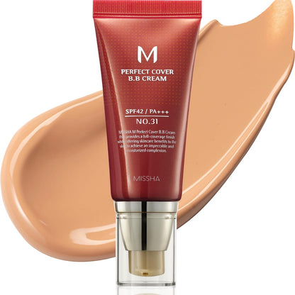 MISSHA M Perfect Cover BB Cream No 31.Golden Beige - Medium/Tan with Neutral Undertone SPF 42 PA +++ 1.69 Fl Oz - Tinted Moisturizer for face with SPF