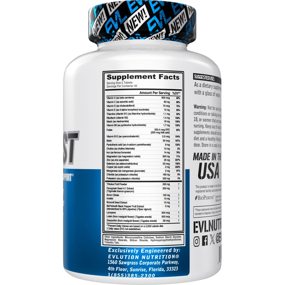 Evlution Nutrition VitaTest - Vitamin & Testosterone Support for Men - Daily Nutrient Complex for Energy, Bone, Eye & Immune Health (90 Tablets, 45 Servings)