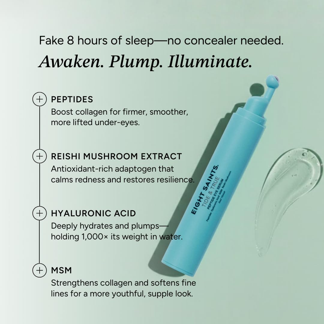 Eight Saints Tide & True Peptide Eye Serum (0.5 fl oz) - Under Eye Roller Ball Treatment for Puffiness, Dark Circles & Fine Lines