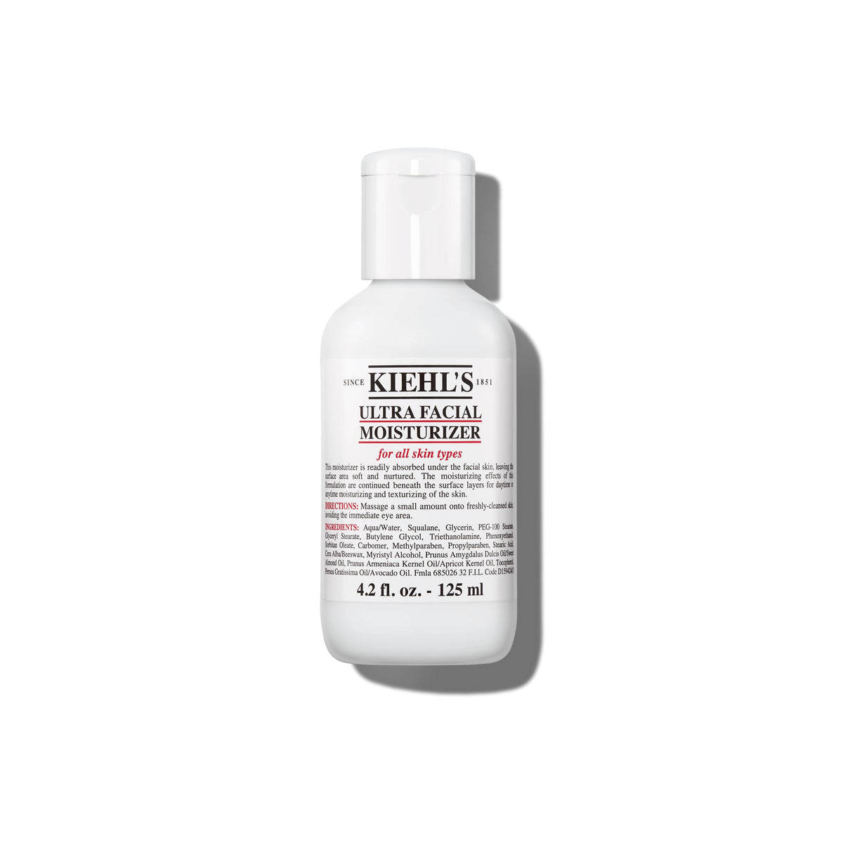 Kiehl's Ultra Facial Moisturizer, for Easy Daily Hydration, Infused with Squalane and Glycerin, Replenishes Moisture Barrier and Softens Skin, Suitable for All Skin Types, Fragrance-Free - 4.2 fl oz