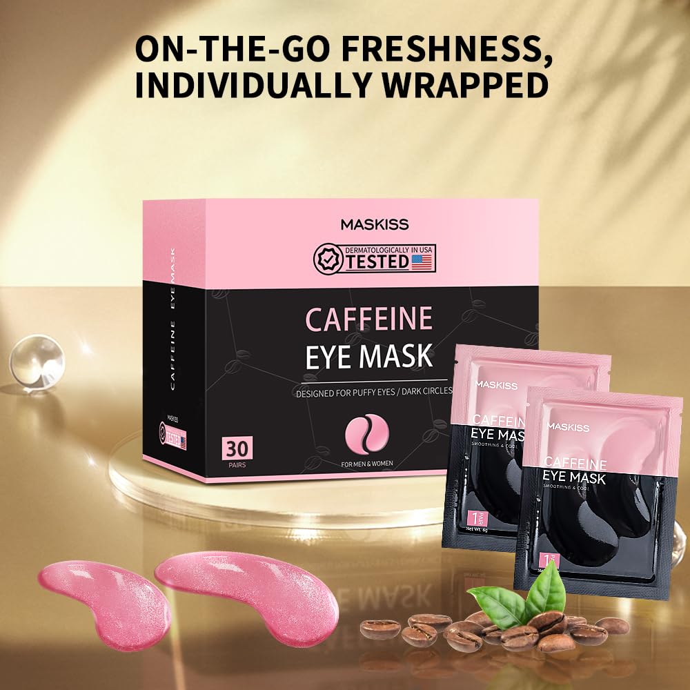 Maskiss Caffeine Under Eye Patches (30 Pairs) - 1 Month Supply De-Puffing Collagen Eye Mask for Dark Circles & Bags