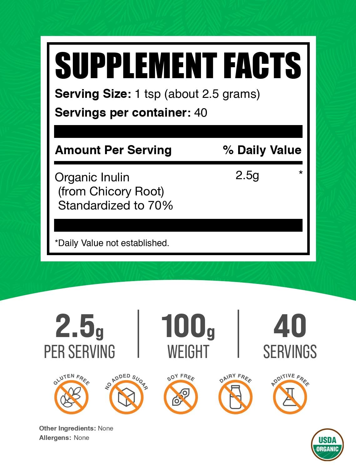 BulkSupplements.com Organic Inulin Powder - Inulin Supplement, Soluble Fiber Powder - Vegan & Gluten Free - 2.5g per Serving, 100g (3.5 oz) (Pack of 1)