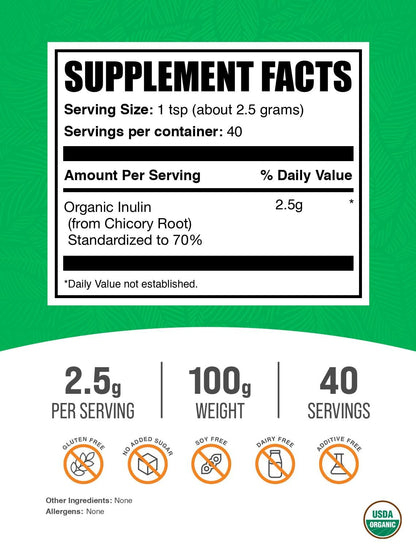 BulkSupplements.com Organic Inulin Powder - Inulin Supplement, Soluble Fiber Powder - Vegan & Gluten Free - 2.5g per Serving, 100g (3.5 oz) (Pack of 1)