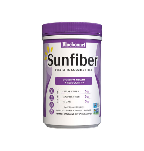 BlueBonnet Nutrition Sunfiber - 6 g of Plant Based Prebiotic Soluble Fiber - Supports Digestive Health* - Instant Dissolve - Non-GMO, Vegan, Kosher, Low-FODMAP - Unflavored, 7.4 OZ, 30 Servings