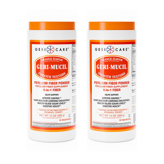 GeriCare Geri-Mucil Psyllium - 4-In-1 Orange-Flavor Psyllium Husk Powder - Daily Fiber Supplement - Sweetened Gluten-Free Fiber Drink Mix - Water-Soluble Husk Fiber Powder For Bowel Movement - 13oz (2 Pack)