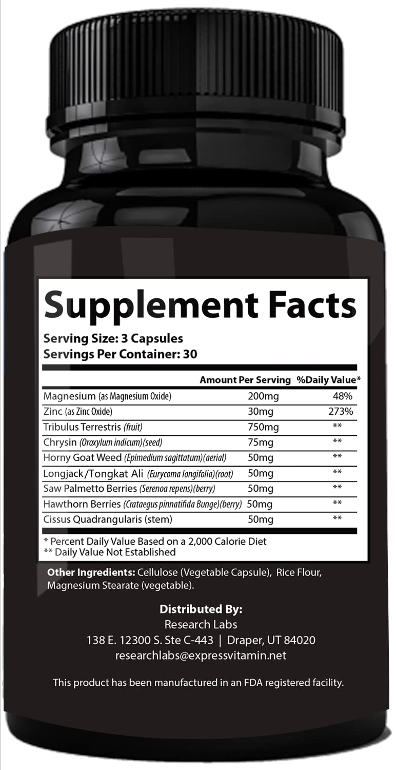 Testosterone Booster for Men - Lean Muscle, Energy & Strength Support with Tribulus, Tongkat Ali & Zinc - Research Labs 2-for-1 (180 Capsules)