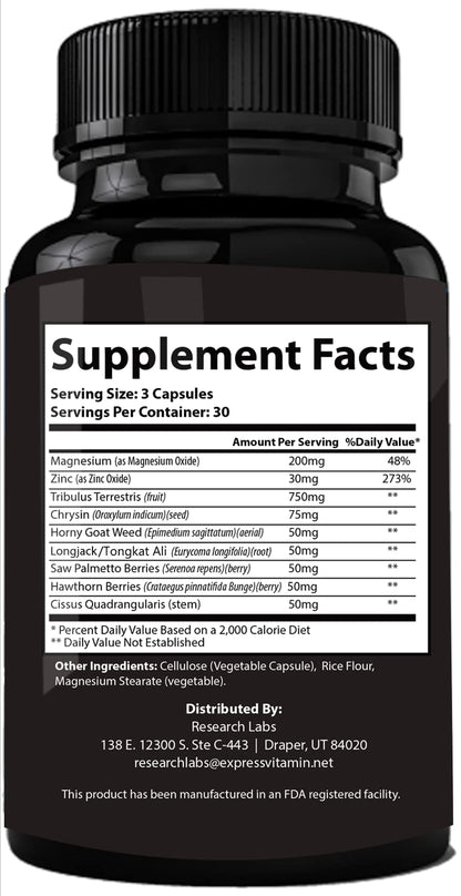 Testosterone Booster for Men - Lean Muscle, Energy & Strength Support with Tribulus, Tongkat Ali & Zinc - Research Labs 2-for-1 (180 Capsules)