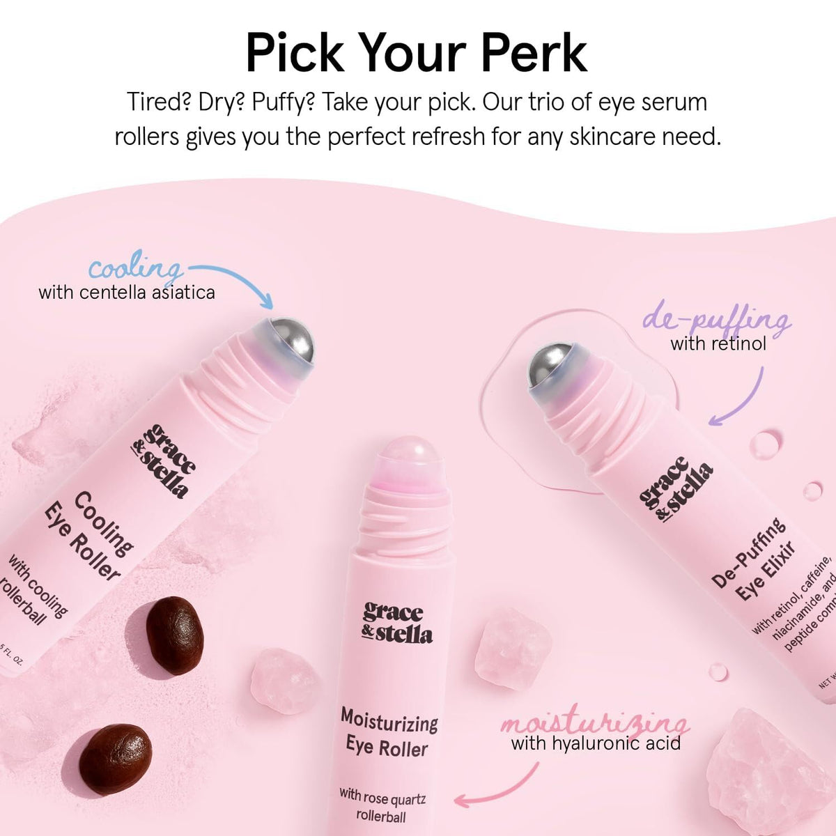 Grace & Stella Under Eye Brightener - 15ml (0.51oz) - Rose Quartz Rollerball Eye Serum with Hyaluronic Acid & Caffeine