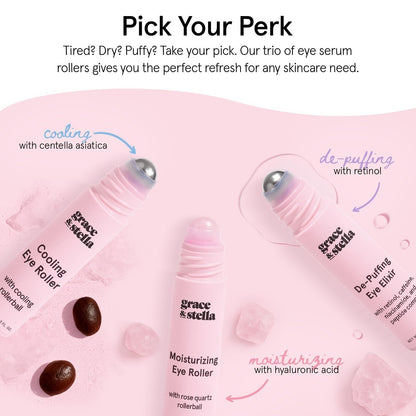 Grace & Stella Under Eye Brightener - 15ml (0.51oz) - Rose Quartz Rollerball Eye Serum with Hyaluronic Acid & Caffeine