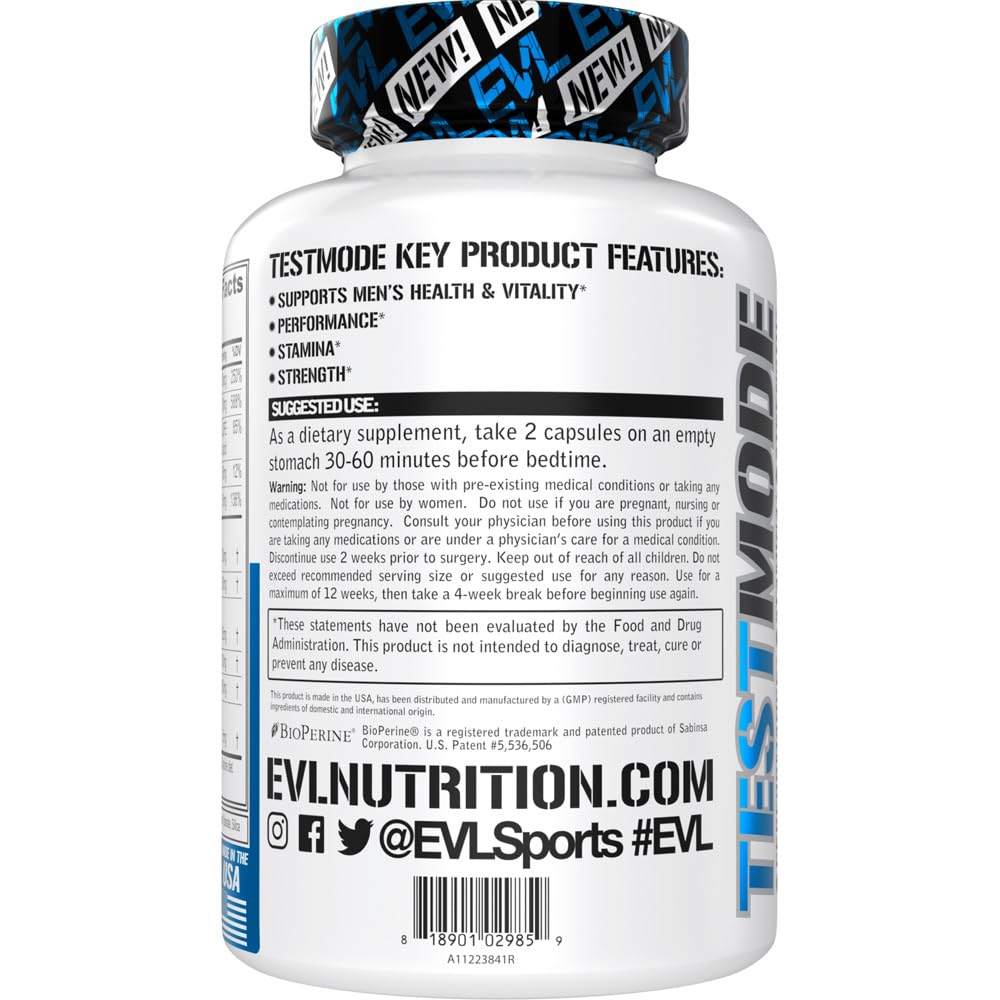 Evlution Nutrition TestMode Testosterone Support for Men - Performance, Stamina & Strength Supplement - 100 Veggie Capsules (50 Servings)
